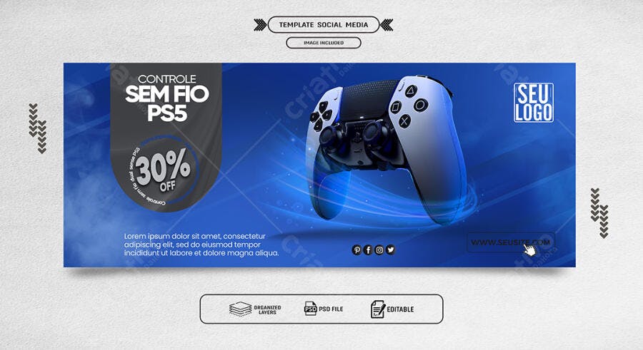 Post para Redes Sociais Controle Sem Fio PS5 Azul 30% Off PSD Editável