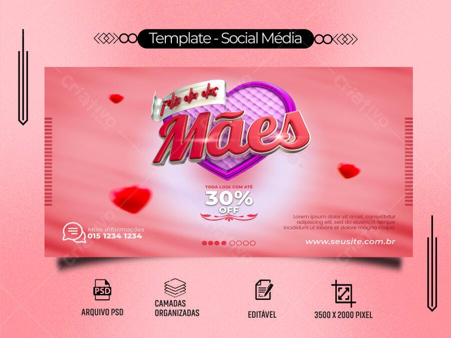 Post Social Mídia Dia das Mães Promoção 30% Off PSD Editável