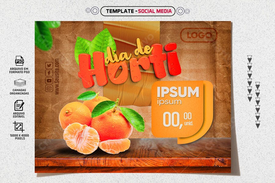 Post para Redes Sociais Dia de Horti Laranjas Frescas PSD Editável