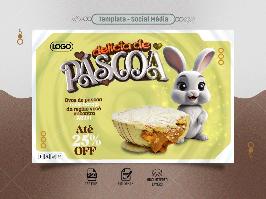 Flyer Páscoa Coelhinho Ovo Chocolate Promoção 25% OFF PSD Editável