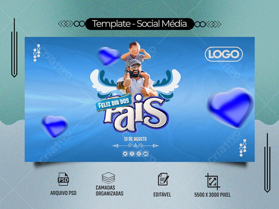 Banner Dia dos Pais Pai e Filho Feliz Fundo Azul PSD Editável