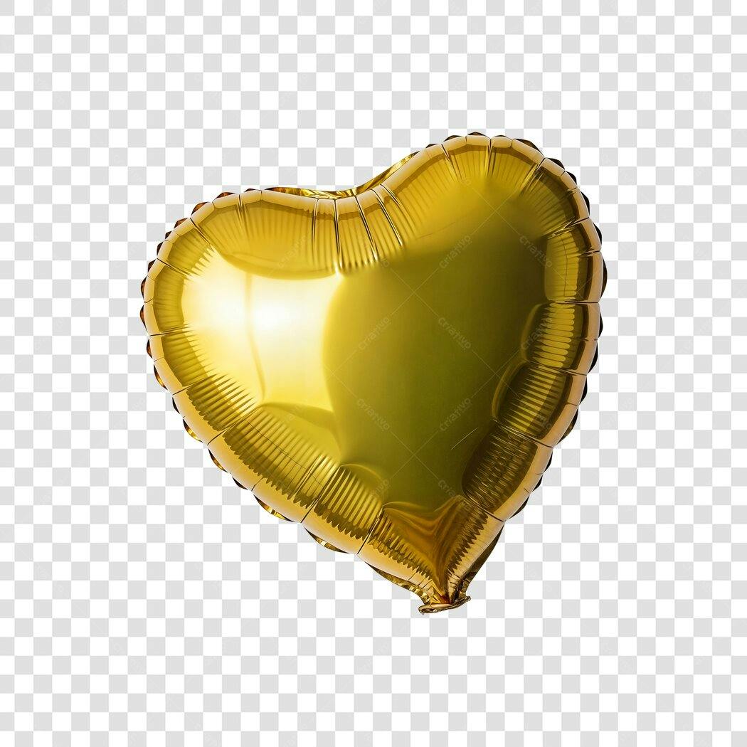 Balão de Coração Dourado Metalizado para Festa PNG com fundo transparente