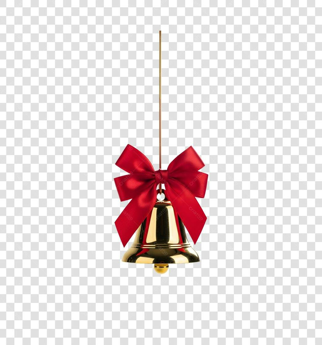 Elemento Gráfico Sino de Natal Dourado Laço Vermelho PNG com fundo transparente