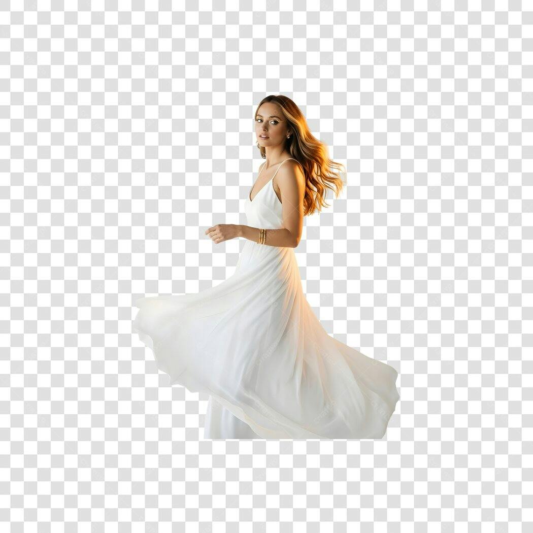 Mulher Jovem Elegante em Vestido Branco Esvoaçante Modelo para Moda PNG com fundo transparente