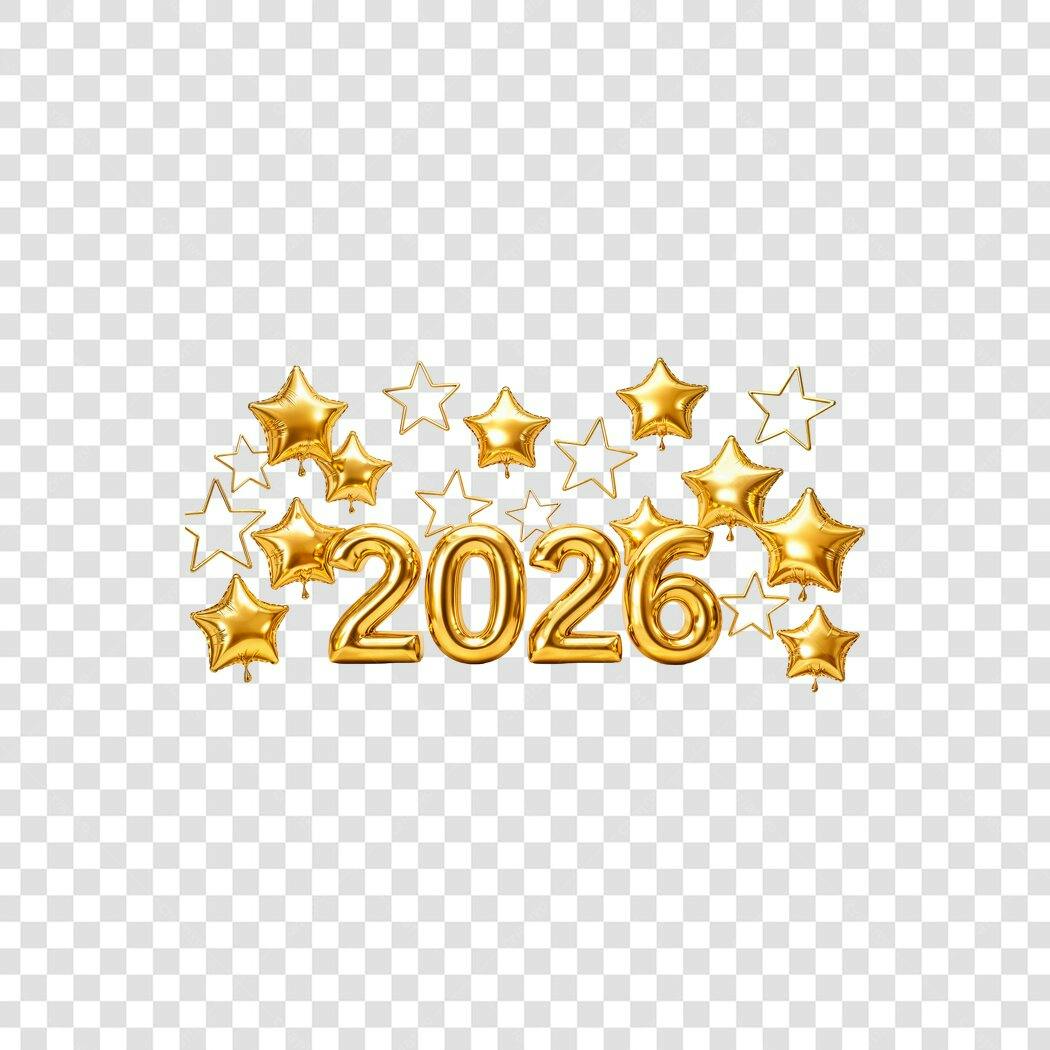 Elemento Gráfico Feliz Ano Novo 2026 Balões Dourados Estrelas PNG com fundo transparente