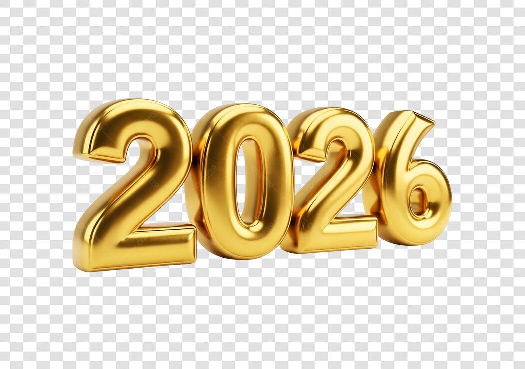 Número 2026 dourado 3D para Ano Novo celebração PNG com fundo transparente