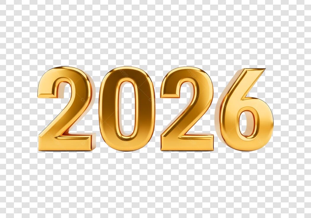 Número 3D Dourado 2026 para Ano Novo PNG com fundo transparente