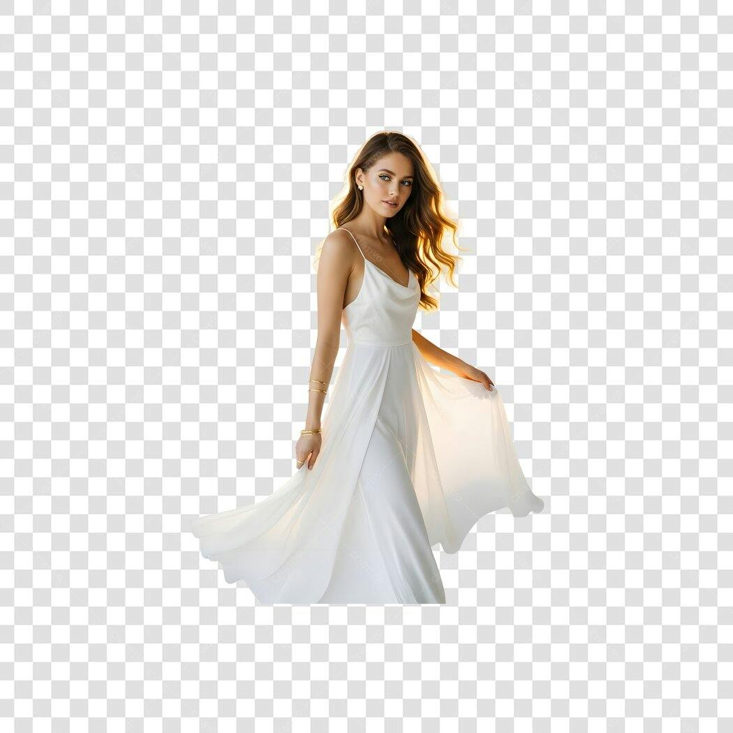 Mulher Modelo Elegante Vestido Branco Fluido Cabelos Longos PNG com fundo transparente