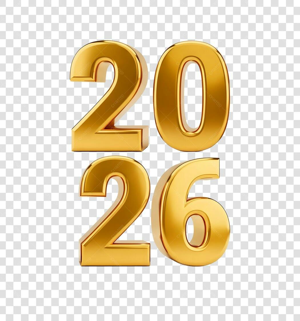 Número 3D Dourado 2026 Ano Novo Brilhante PNG com fundo transparente