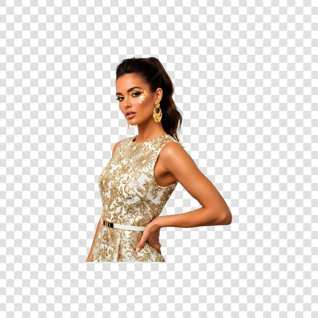 Modelo Feminina Latina em Vestido Dourado Maquiagem Ouro para Evento PNG fundo transparente
