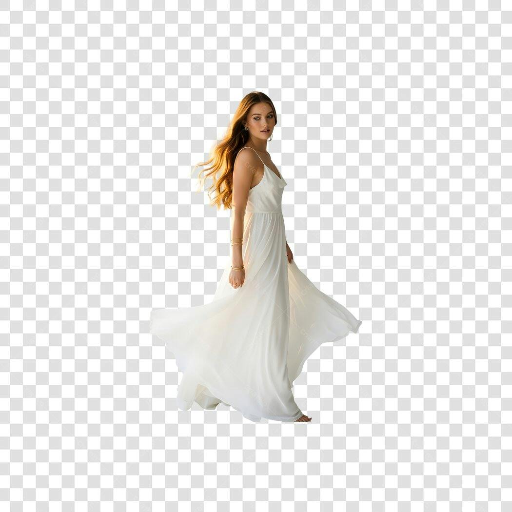 Modelo Feminina Vestido Branco Fluido Cabelos Longos Elegante PNG com fundo transparente