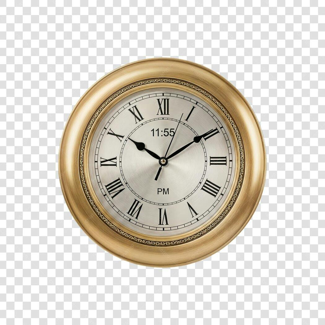 Relógio clássico dourado com números romanos 1155 PM PNG com fundo transparente