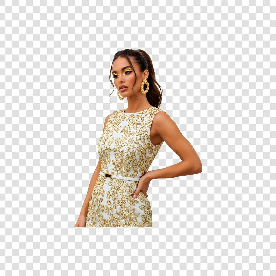 Foto de Modelo Latina Moda Feminina Vestido Branco Dourado Elegante PNG com fundo transparente