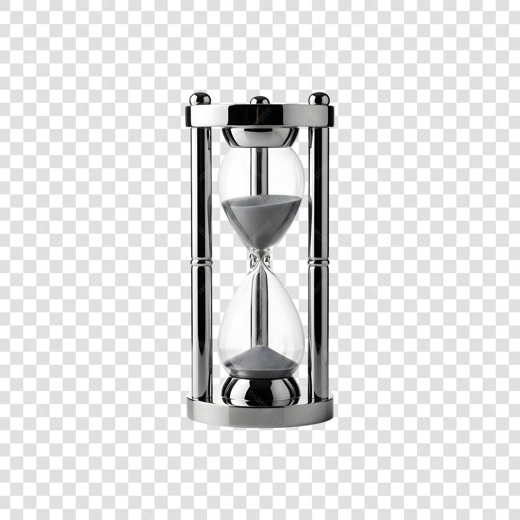Elemento gráfico ampulheta tempo metal cromado areia cinza PNG com fundo transparente