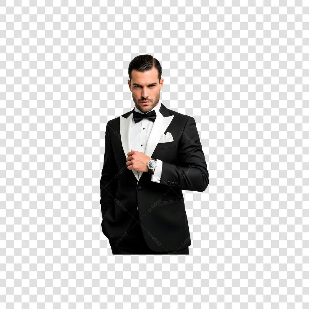 Modelo Homem Elegante de Smoking Preto Gala Corporativa PNG com fundo transparente