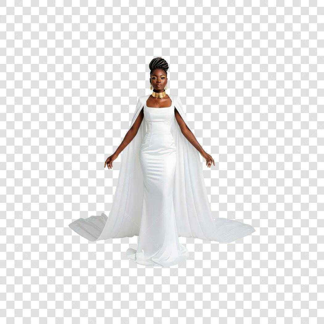 Mulher Negra Elegante Vestido Branco Gala Capa Dourado PNG com fundo transparente