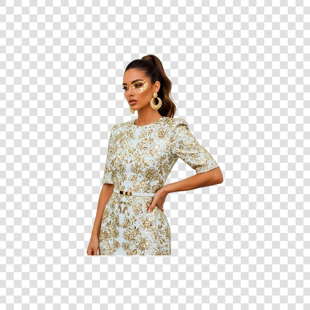 Modelo Mulher Glamourosa Vestido Floral Dourado e Prata Festa PNG com fundo transparente