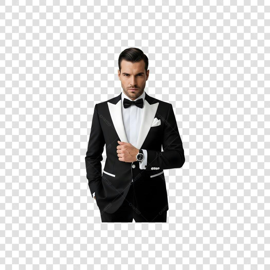 Figura homem caucasiano elegante de smoking preto e branco PNG com fundo transparente