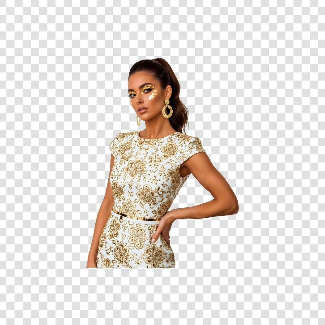 Recorte Mulher Morena Elegante Maquiagem Dourada Vestido Floral PNG com fundo transparente