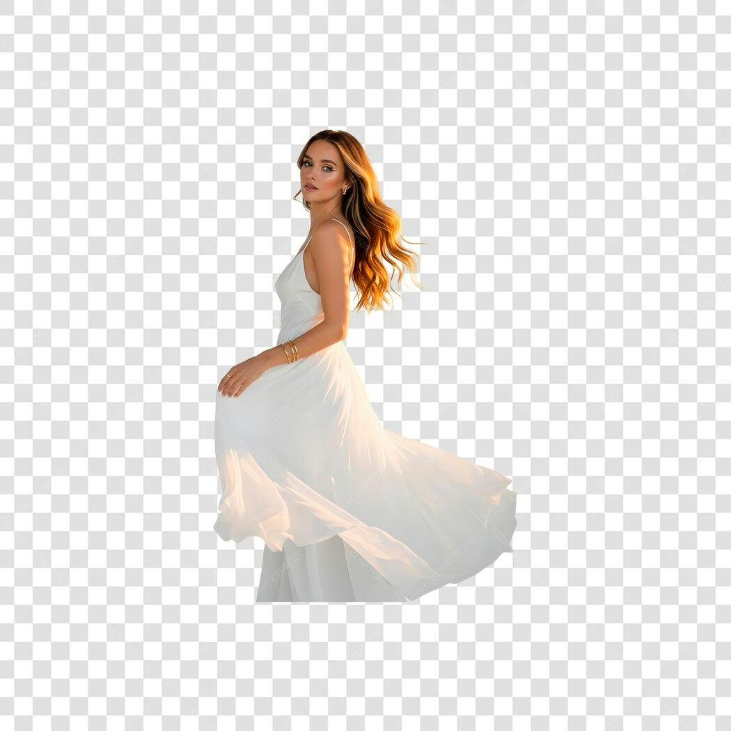 Mulher Modelo Elegante Vestido Branco Cabelos Ondulados PNG com fundo transparente