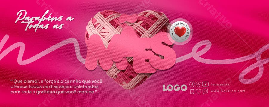 Flyer Dia das Mães Coração de Fio Rosa PSD Editável