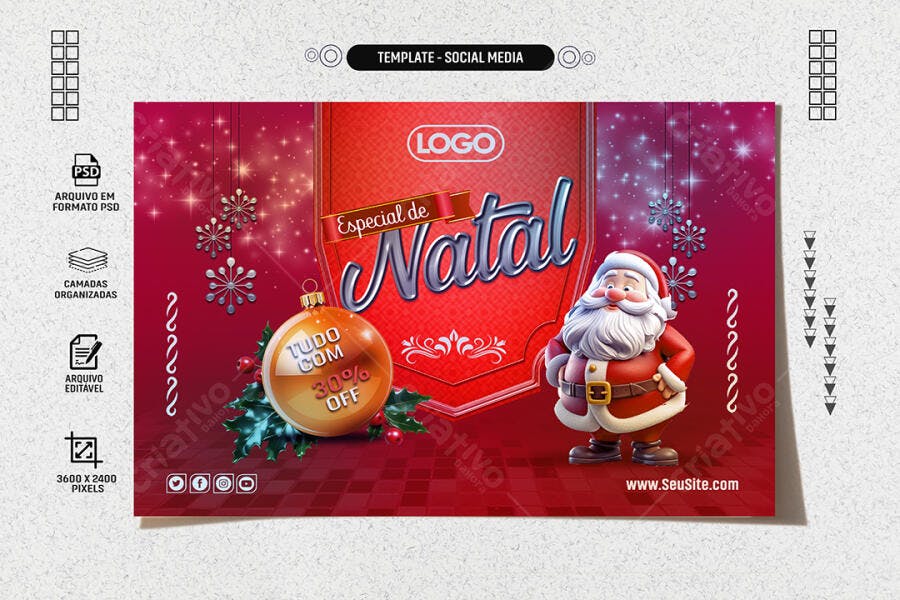 Post para Redes Sociais de Natal com Papai Noel e 30% OFF PSD Editável