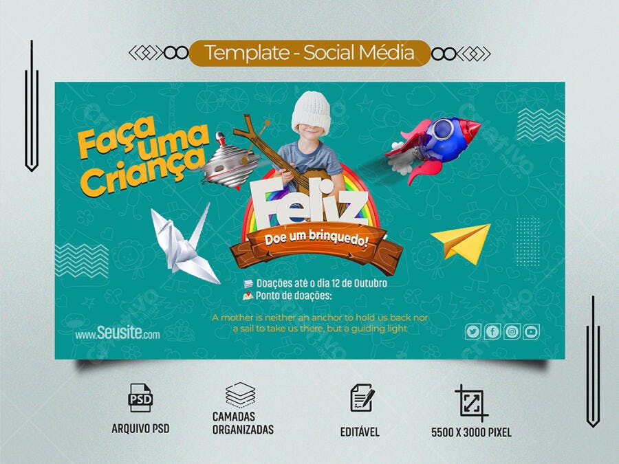 Flyer Faça uma Criança Feliz Doação de Brinquedos PSD Editável