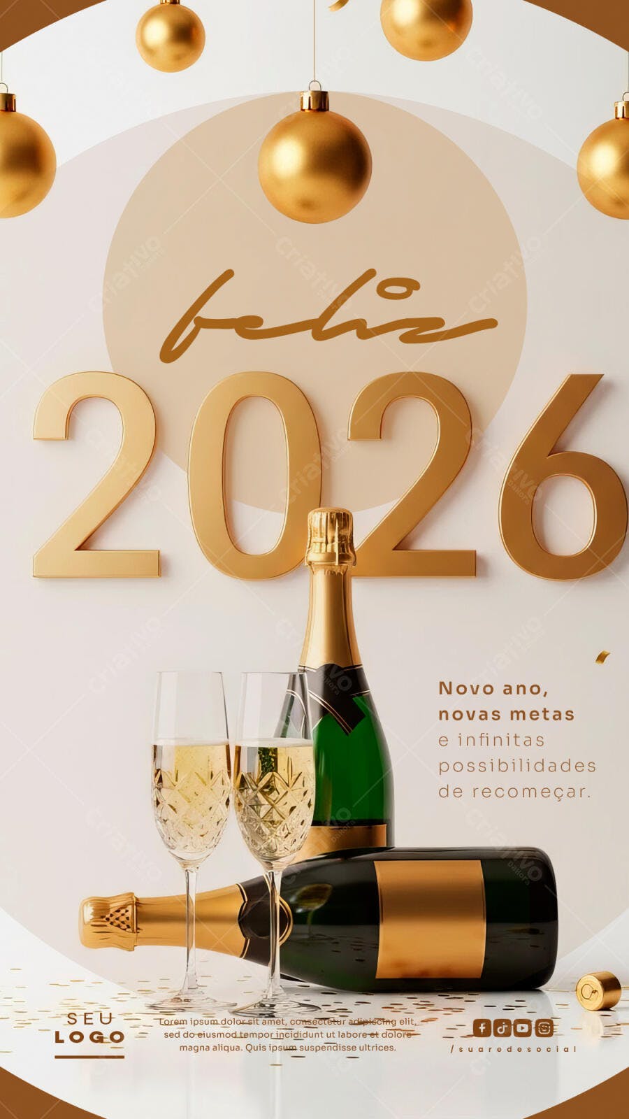 Post de Ano Novo 2026 Feliz Celebração com Champanhe PSD Editável