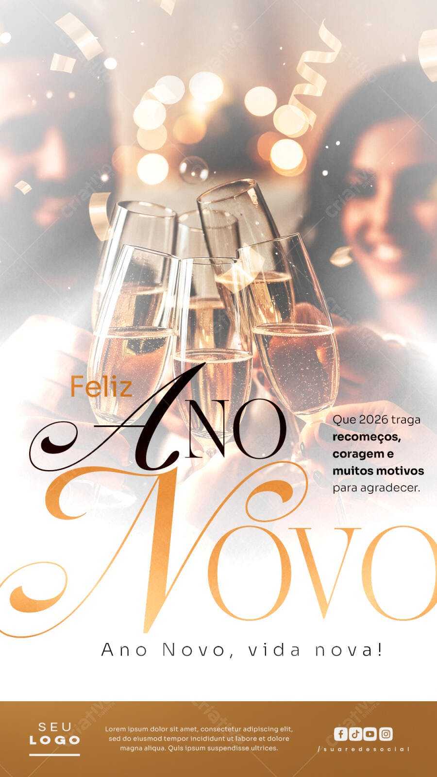 Flyer para Feliz Ano Novo com Taças e Confetes PSD Editável