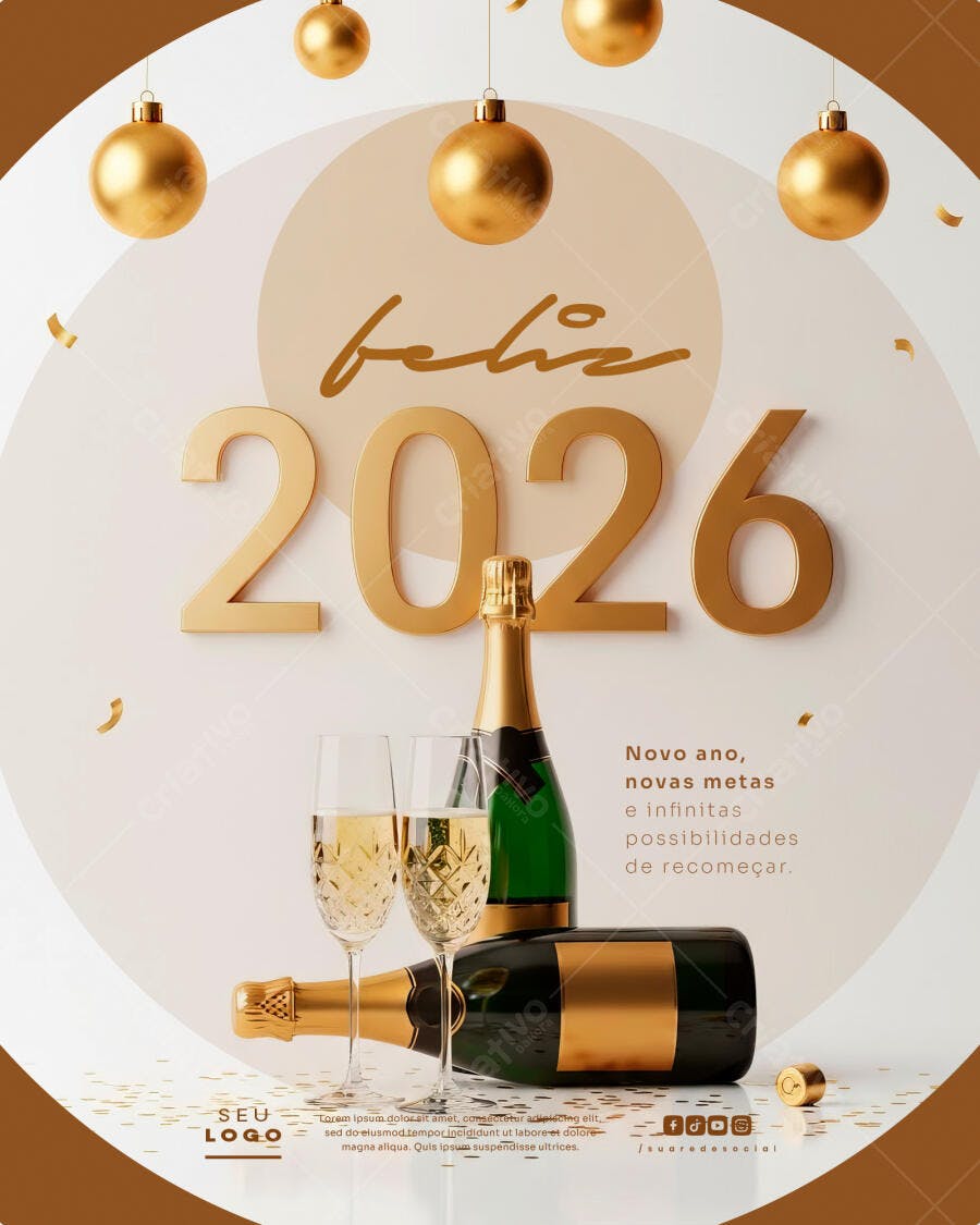 Post de Redes Sociais Feliz 2026 com Champanhe PSD Editável
