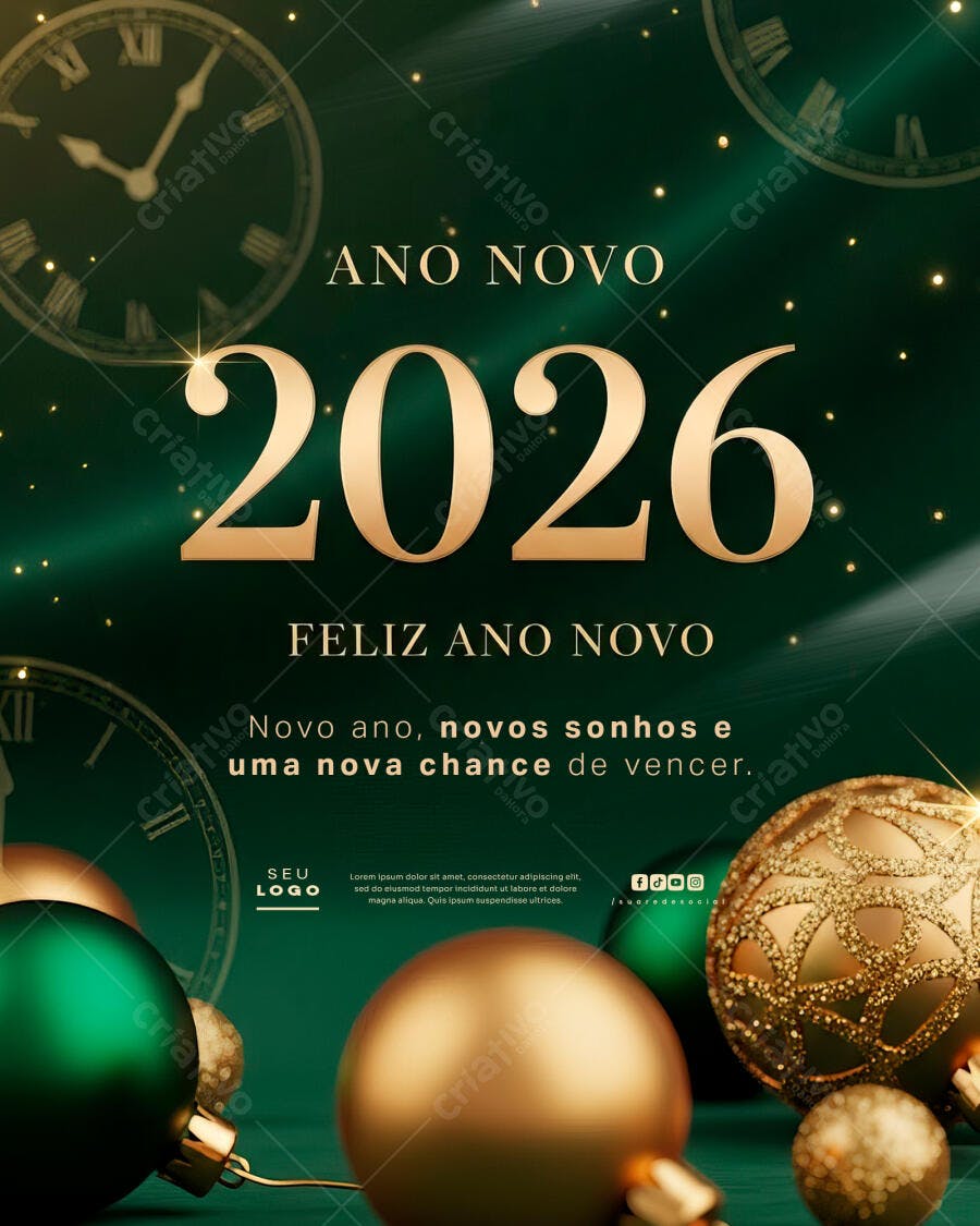 Post Mídia Social Ano Novo 2026 Verde Dourado Relógios PSD Editável