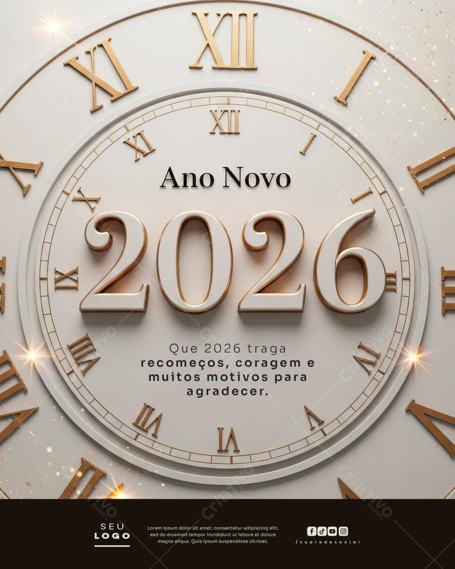 Flyer Ano Novo 2026 com Relógio Dourado PSD Editável