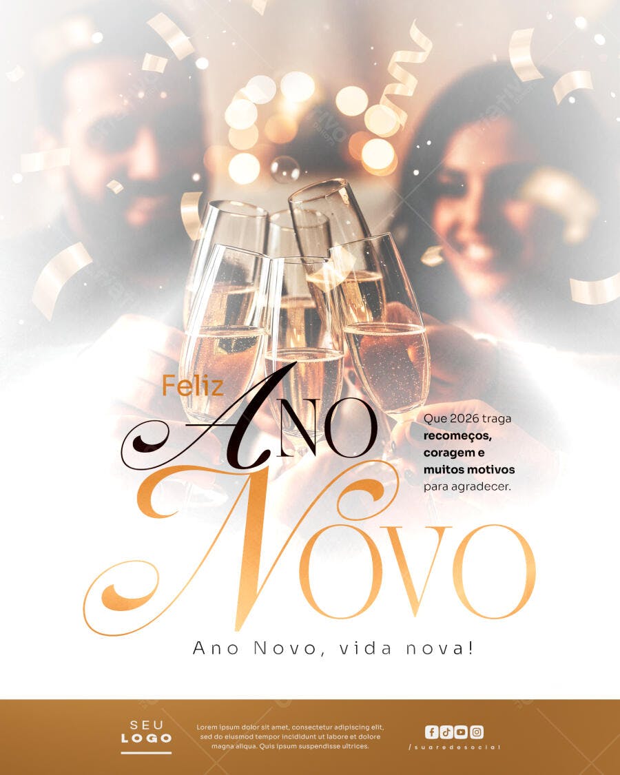 Post Mídia Social Feliz Ano Novo Brinde Champanhe Dourado PSD Editável