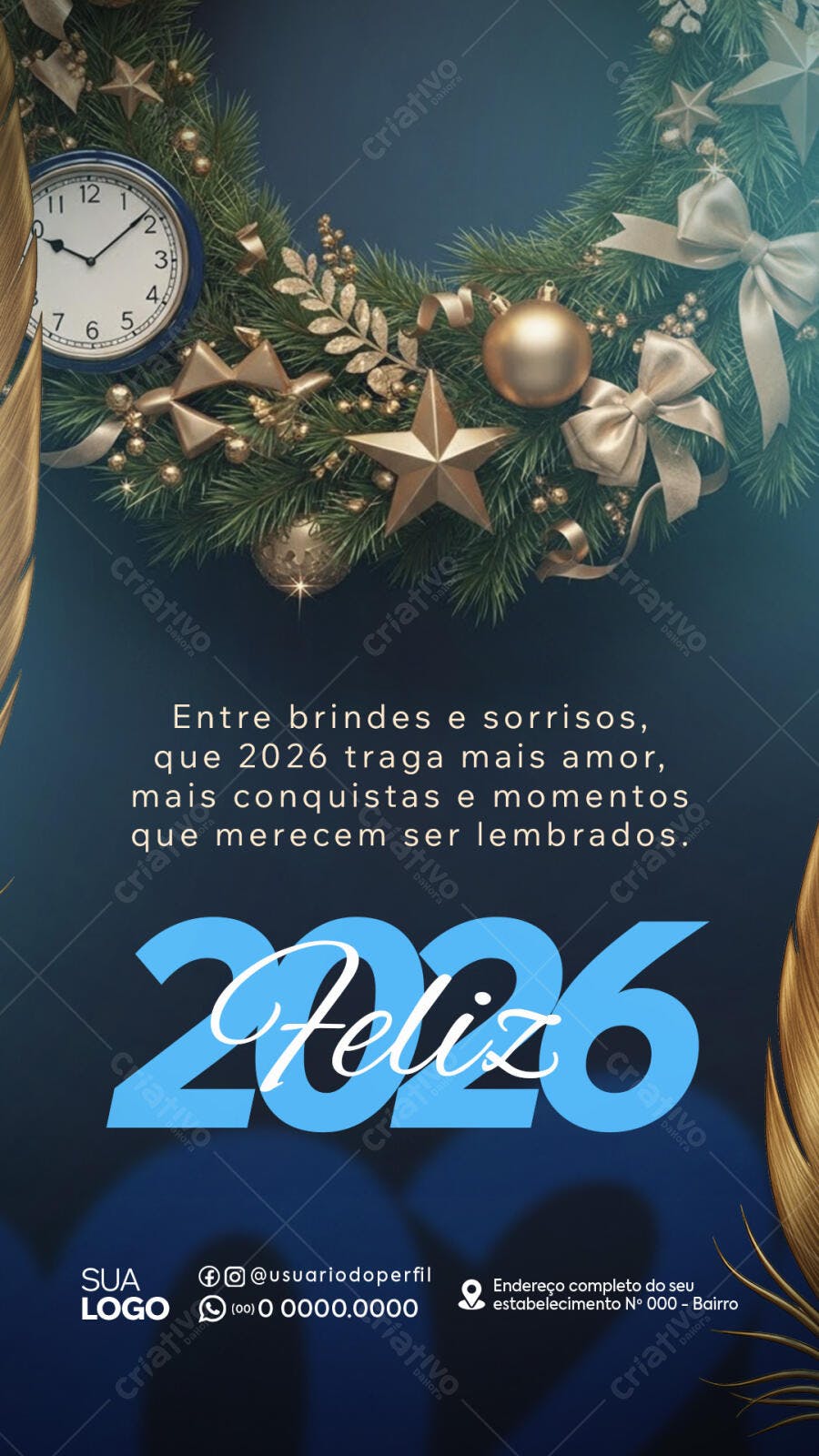 Flyer Feliz Ano Novo 2026 Guirlanda Dourada Relógio PSD Editável