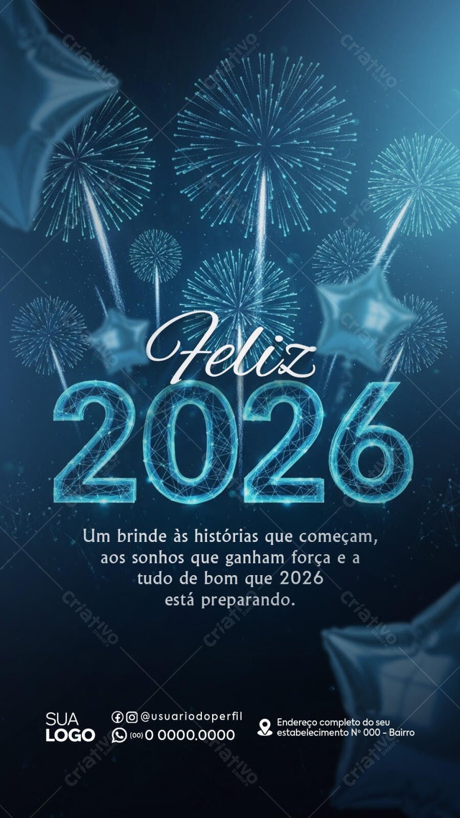 Story de Ano Novo Feliz 2026 com Fogos Azuis PSD Editável