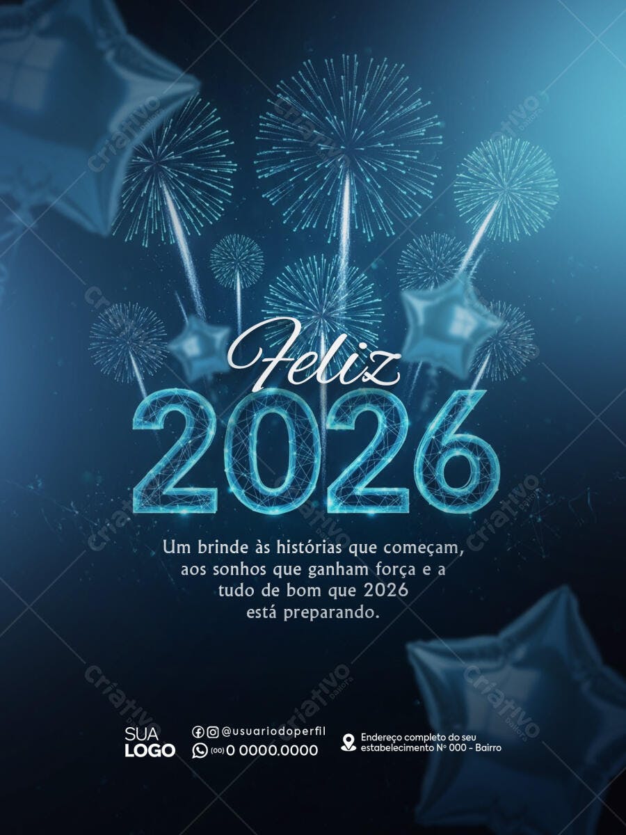 Flyer de Ano Novo 2026 com Fogos e Balões Estrela PSD Editável