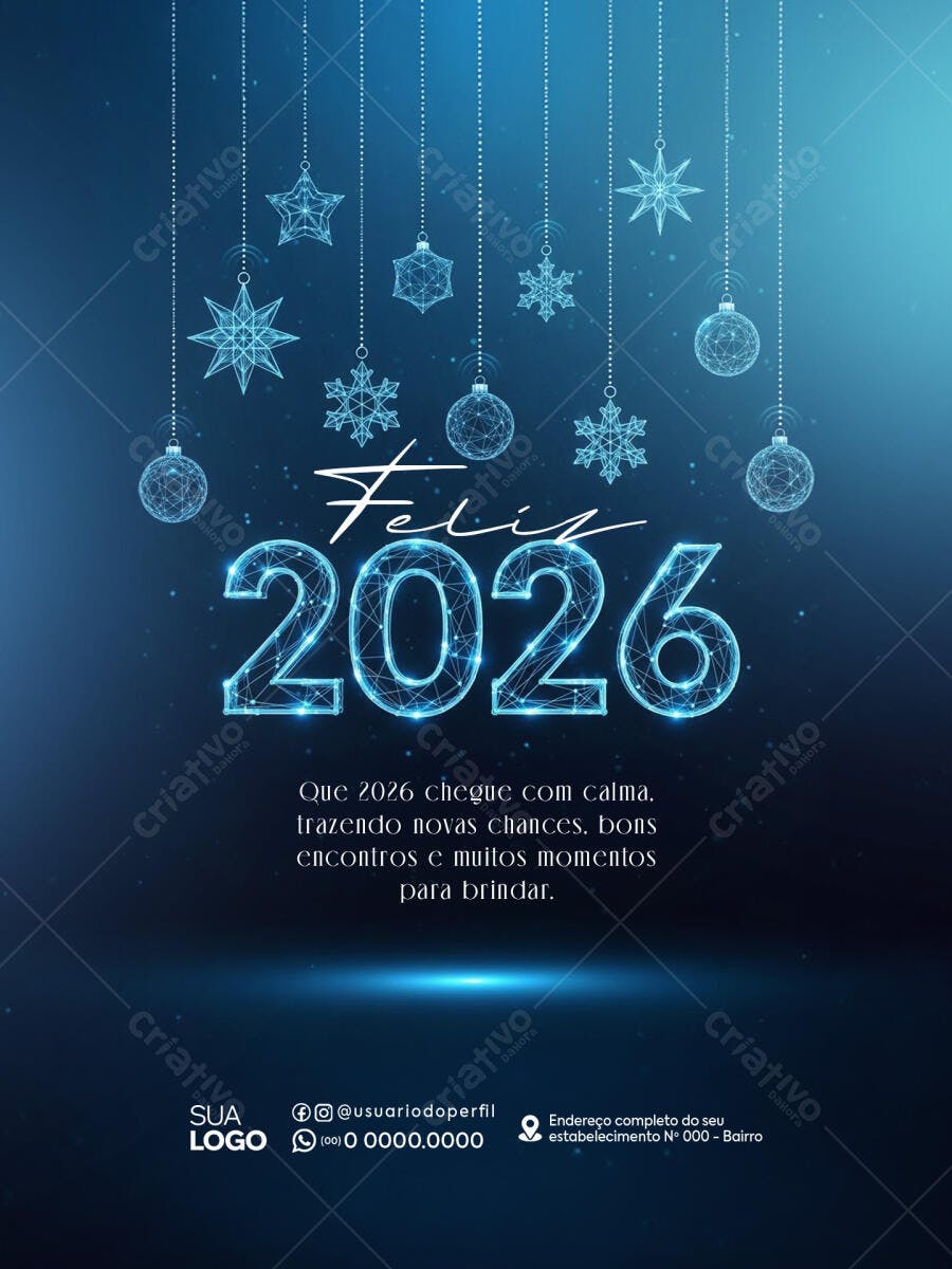 Flyer Feliz Ano Novo 2026 Estrelas e Esferas Brilhantes PSD Editável