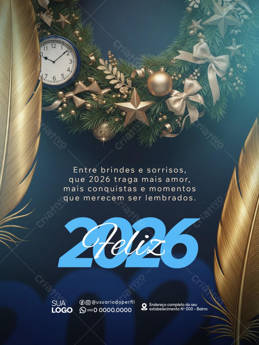 Flyer Ano Novo 2026 com Decoração Dourada PSD Editável
