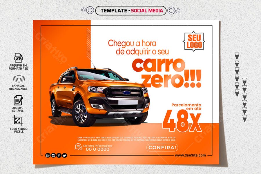 Flyer Carro Zero Laranja Ford Ranger 48x Parcelamento PSD Editável