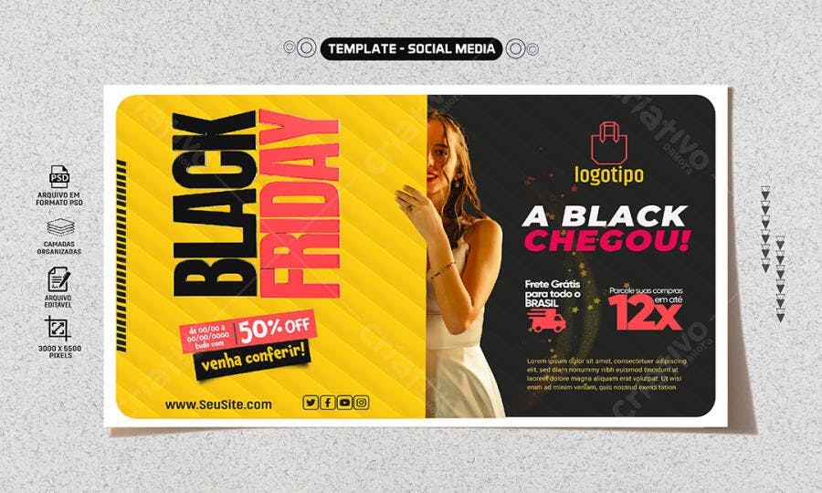 Flyer para Black Friday com Mulher Sorrindo 50% OFF PSD Editável