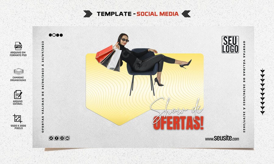 Flyer Show de Ofertas Mulher com Sacolas de Compras PSD Editável