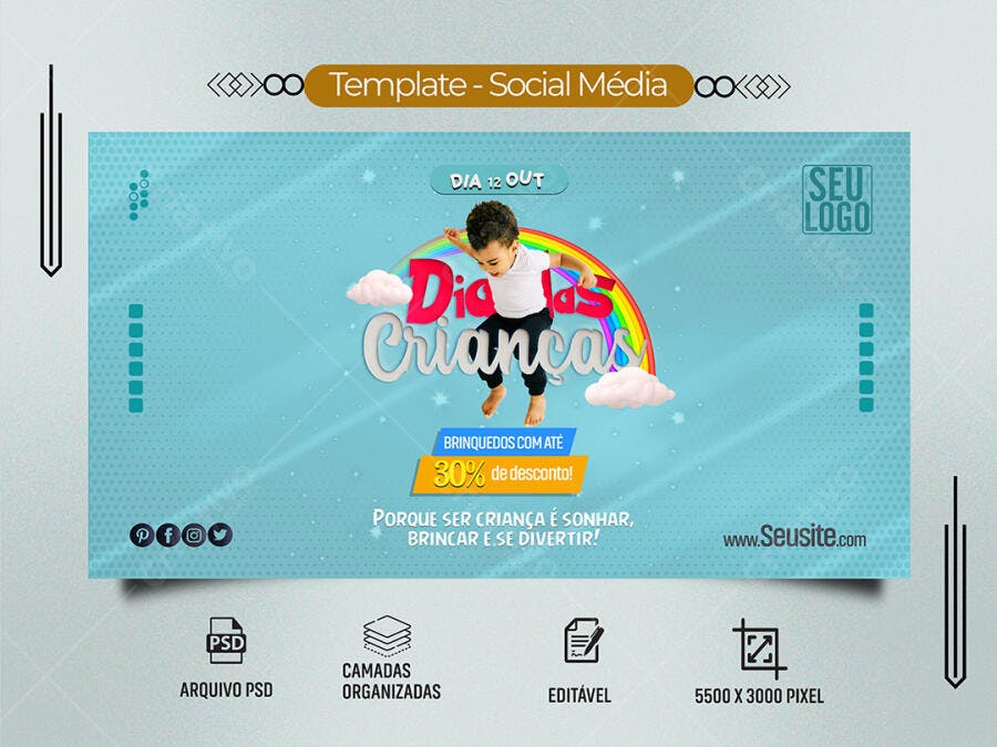Post para Redes Sociais Dia das Crianças 30% Desconto PSD Editável