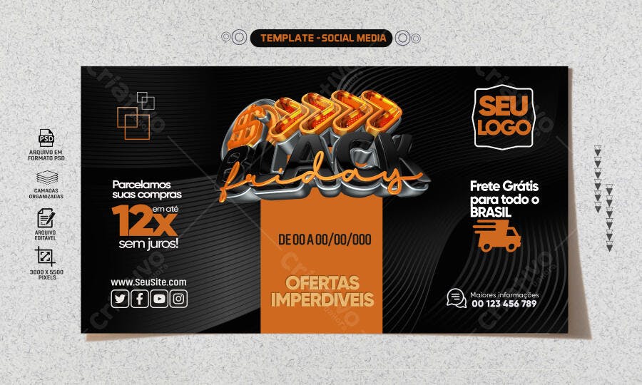 Post Social Media Black Friday 3D com 12x Sem Juros e Frete Grátis PSD Editável
