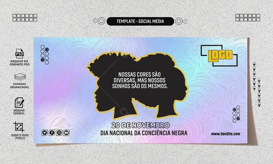Selo 3D de celebração Consciência Negra dourado com silhuetas vibrantes