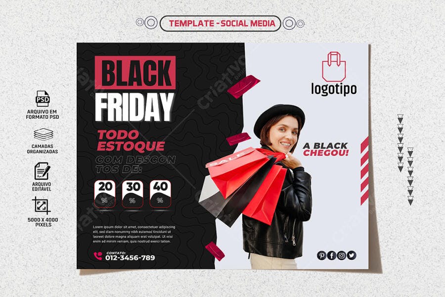 Selo 3D de promoção Black Friday metalizado vermelho e preto brilhante