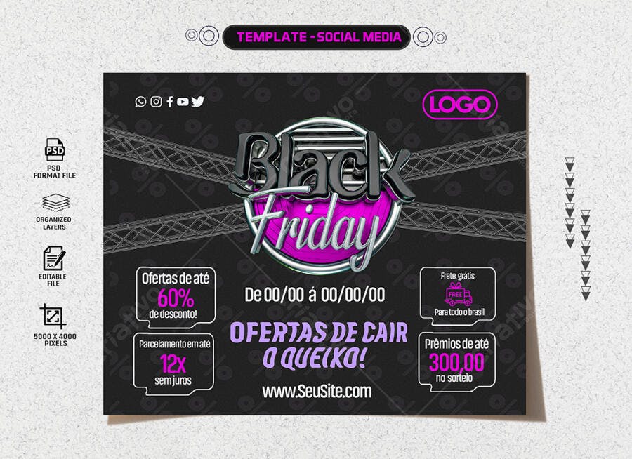 Selo 3D de promoção Black Friday metalizado preto magenta brilhante