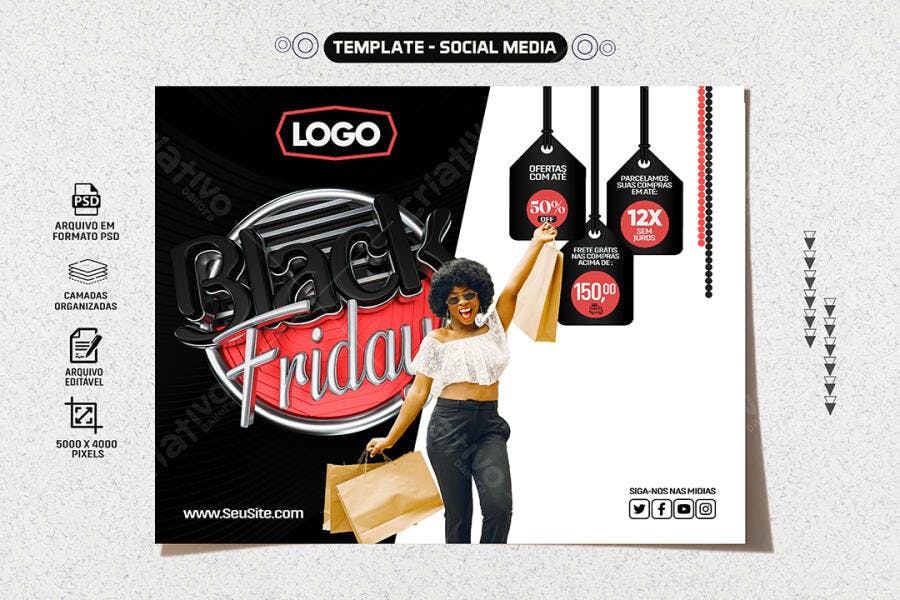 Selo 3D de oferta Black Friday metálico preto prata e vermelho com mulher shopper
