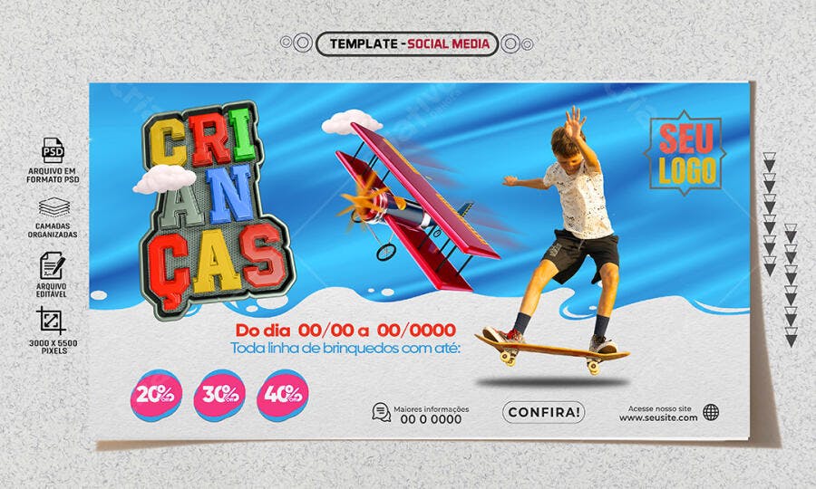Selo 3D temático infantil letras coloridas menino no skate e avião azul