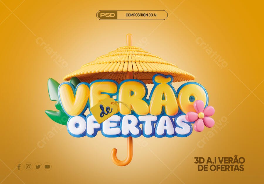 Selo 3D de campanha Verão de Ofertas colorido vibrante com guarda-sol