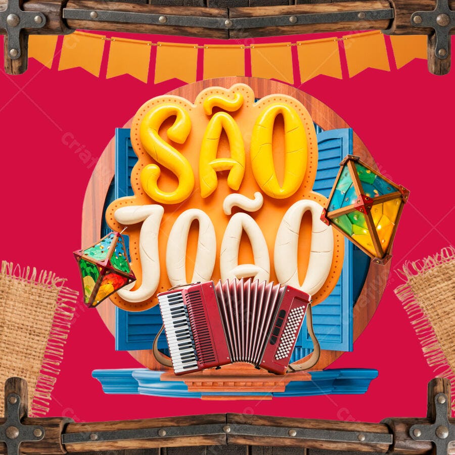 Selo 3D temático São João com acordeon e balões coloridos rústico